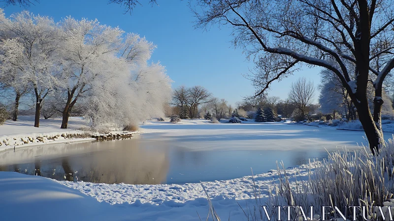 Frozen park lake with snow covered trees under clear sky