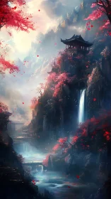 Mountain temple above misty waterfall in crimson forest.