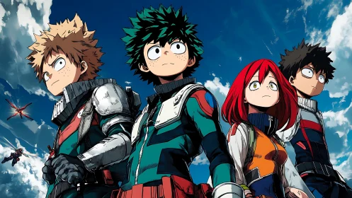 Heroic anime squad faces stormy sky with fierce resolve.