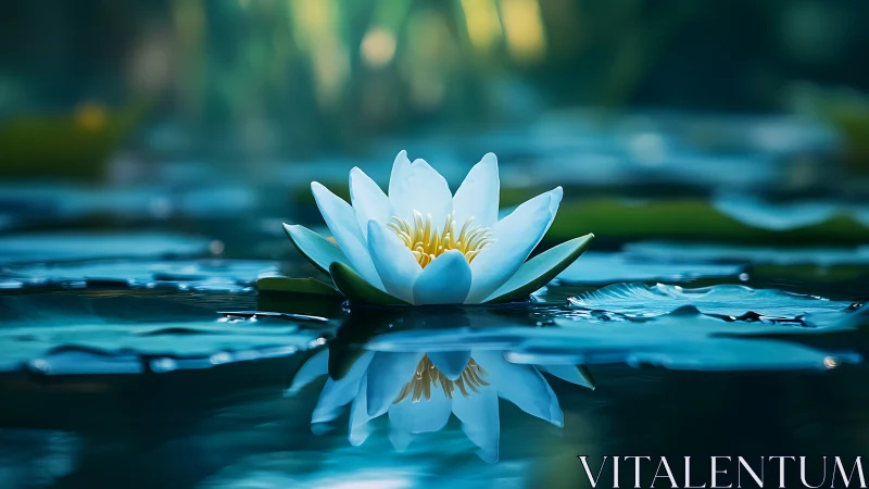 White water lily on pond surface with soft reflections.