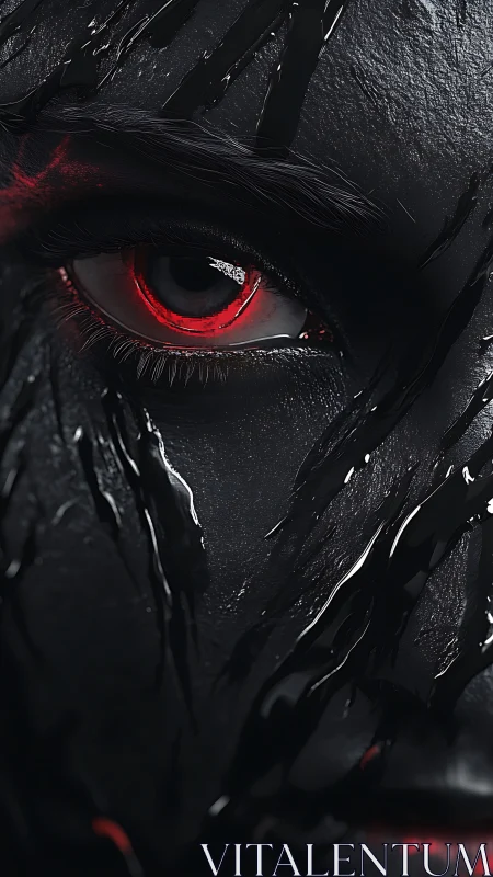 Cyber eye closeup under black liquid streaks, red glow focus.