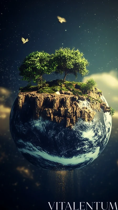 Floating garden planet drifts through star-sprinkled night sky.