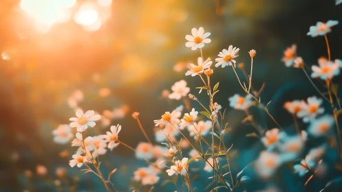 White wildflowers in shallow focus under warm sunlight.