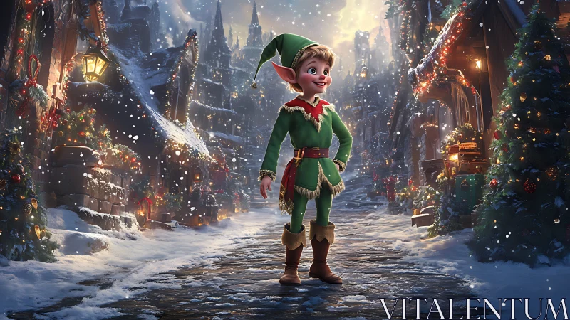 Cheerful Christmas elf strolls through a glowing snowy village