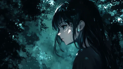 Melancholic girl in teal forest light side profile view.