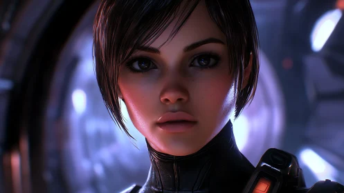 Focused sci fi woman in detailed futuristic cockpit portrait.