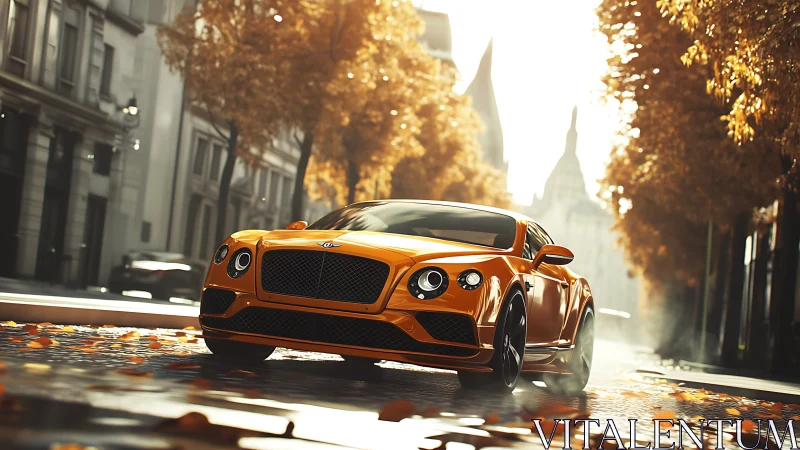 Orange luxury coupe driving through sunlit autumn street.