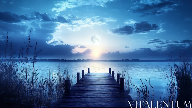 Wooden pier extends into calm blue lake under moonlit sky