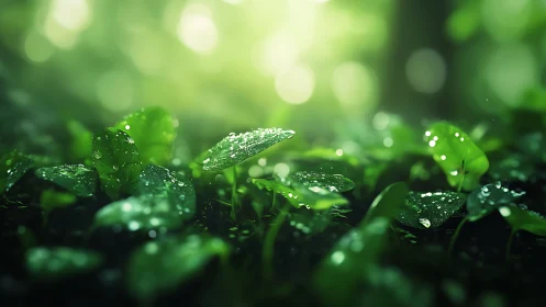 Macro depth-of-field study of dew-laden understory foliage.