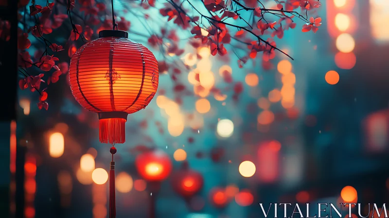 Red paper lantern glows with shallow depth of field in rainy street scene