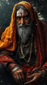 Portrait of elderly bearded man in orange and red robes.