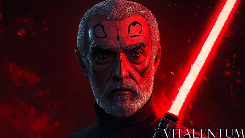 Sith warrior portrait with red lightsaber and dark aura.