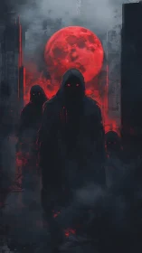 Hooded spectral figures under blood-red lunar eclipse event.