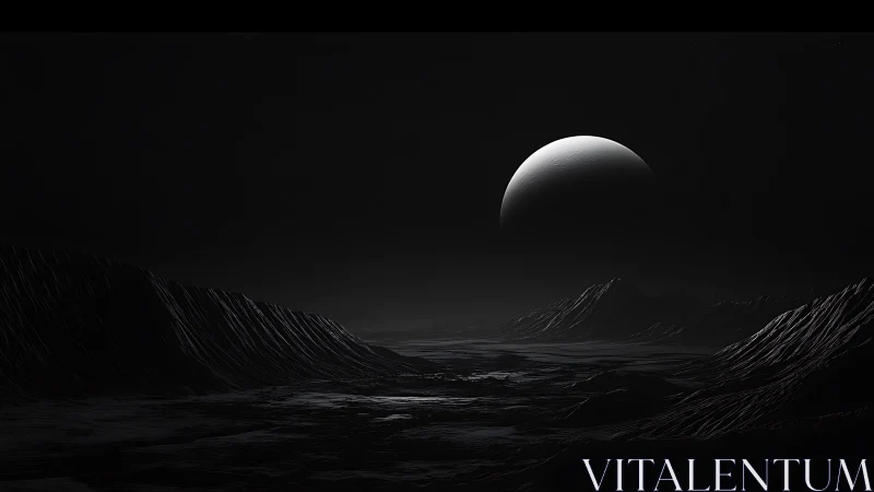 Distant crescent planet above dark rocky extraterrestrial plain.