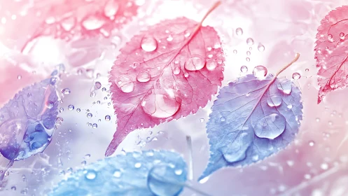 Colored leaves with water droplets are arranged in soft focus
