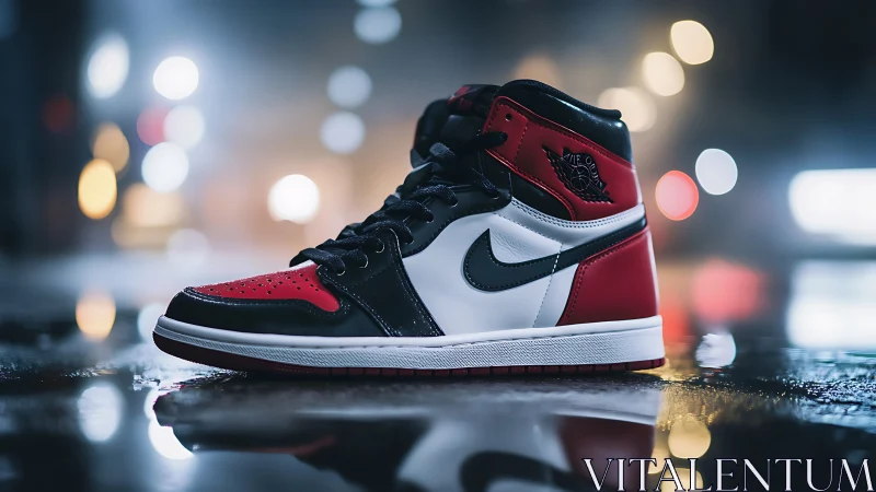 Red and black high-top sneaker glows on wet neon city street