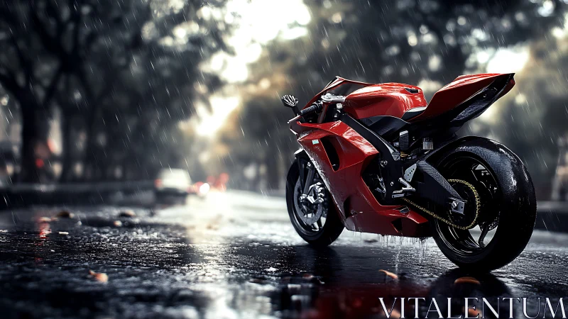 Red sport motorcycle stands on wet city street in rainfall