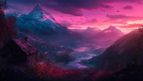 Pink twilight valley with cabin and distant snowy peaks.