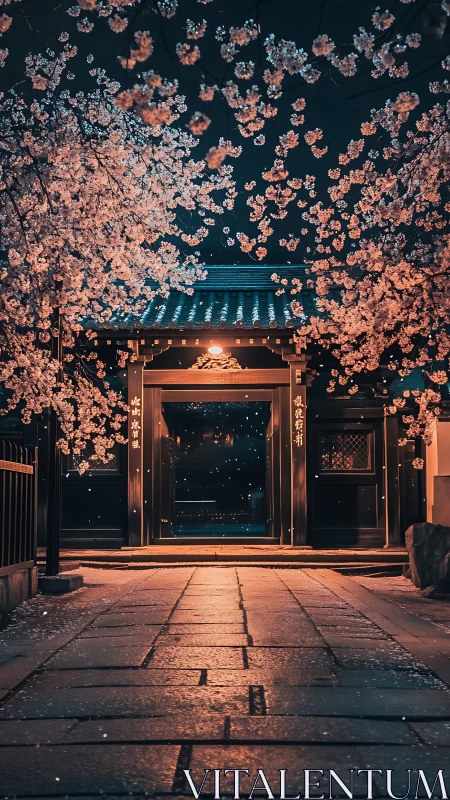 Cherry blossoms frame tranquil Japanese temple gate at night