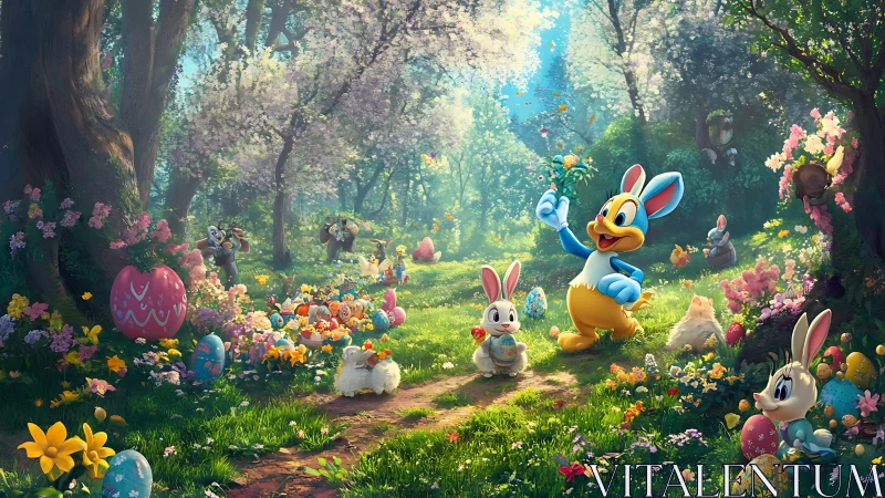 Easter woodland rabbits celebrate among luminous painted eggs and blooms