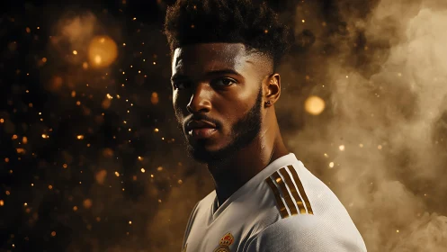 Portrait of focused footballer amid golden smoke glow.