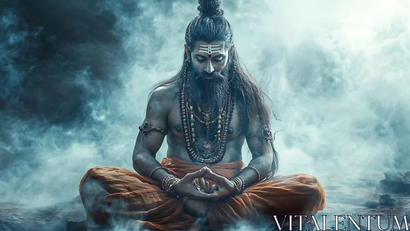 Mystic robed man meditating in smoke filled atmospheric scene.