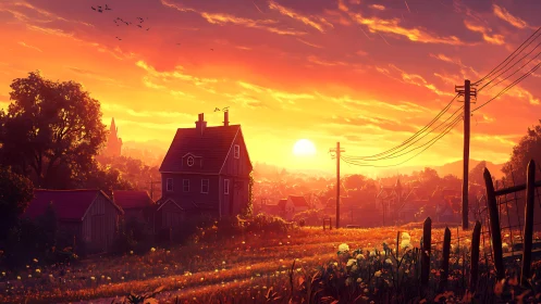 Sunset-lit rural farmhouse overlooks glowing valley townscape