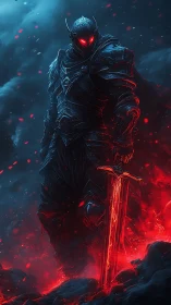 Armored dark knight stands over molten inferno with blade.