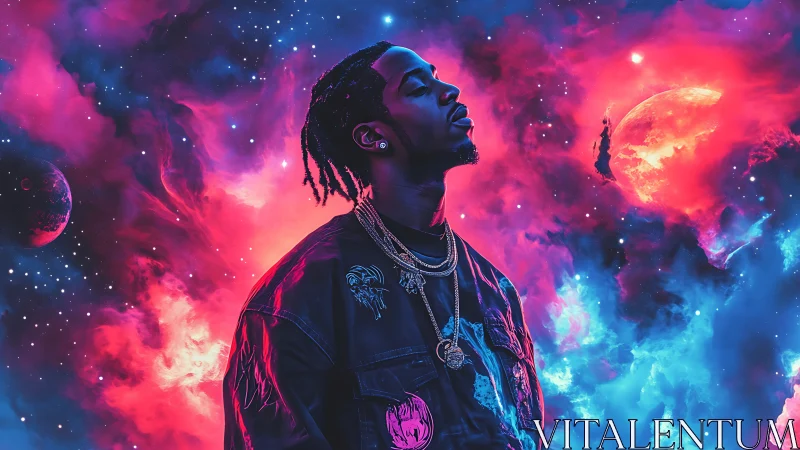 Dreamy cosmic portrait bathed in neon pink and blue glow.