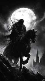 Cloaked rider on dark horse before full lunar backdrop.