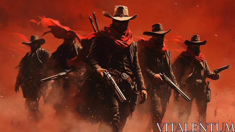 Cowboy gunslingers walking through red dust-filled landscape.