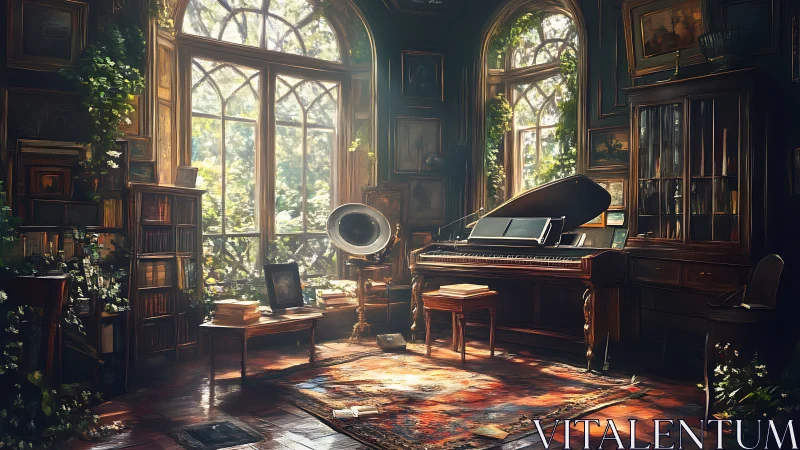 Digital painting of sunlit conservatory piano study interior.