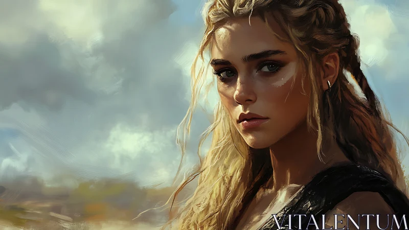 Stormlit warrior portrait captures intense, windblown resolve