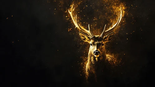 Golden stag portrait with glowing antlers on dark field.
