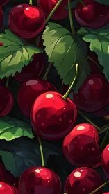 Crimson cherry chorus ripens beneath lush painterly leaves.