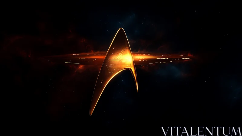 Golden star insignia merged with luminous starship hull.