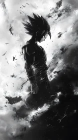 Stoic anime warrior stands between light sky and darkness