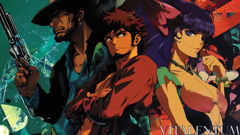 Neo-western anime trio in saturated chromatic contrast.