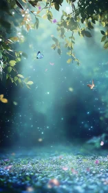 Ethereal butterflies drift through luminescent forest haze