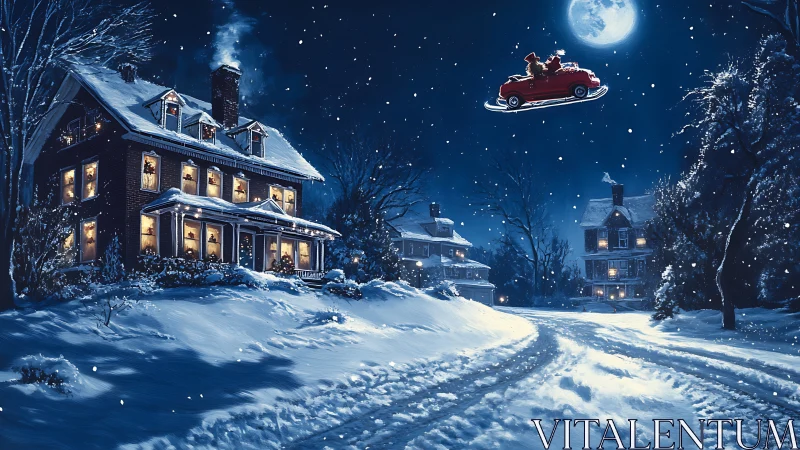 Snowy Christmas street glows as flying red car passes overhead.