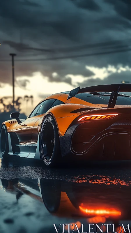 Low-angle render studies wet-surface reflections on hypercar rear profile