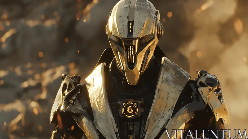 Armored combat android stands in burning sci fi wasteland.