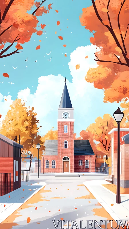 Autumn town square frames a central brick clocktower in light
