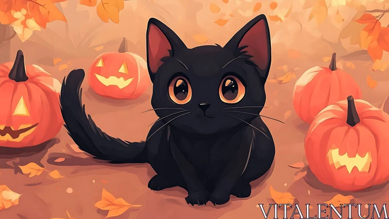 Black cat with jack-o'-lanterns in autumn setting
