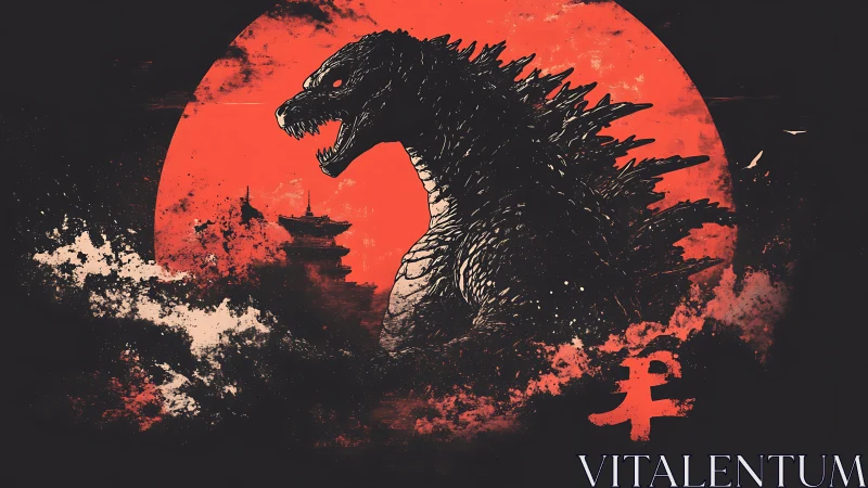 Godzilla roars against a blood-red sun over stormy Tokyo