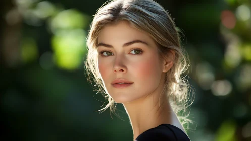 Sunlit portrait of a calm young woman in a garden glow.