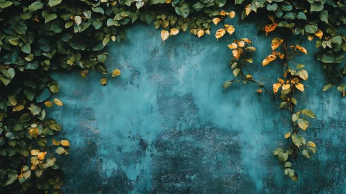 Emerald ivy curtain climbing across timeworn teal wall.