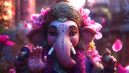 Blossom-crowned Ganesha bathed in luminous temple calm.