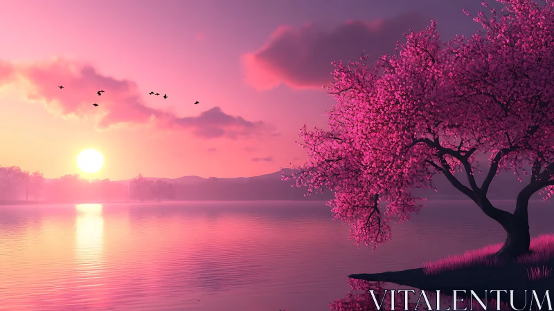 Blossom-lit shoreline dreaming beneath a candy sunrise glow.