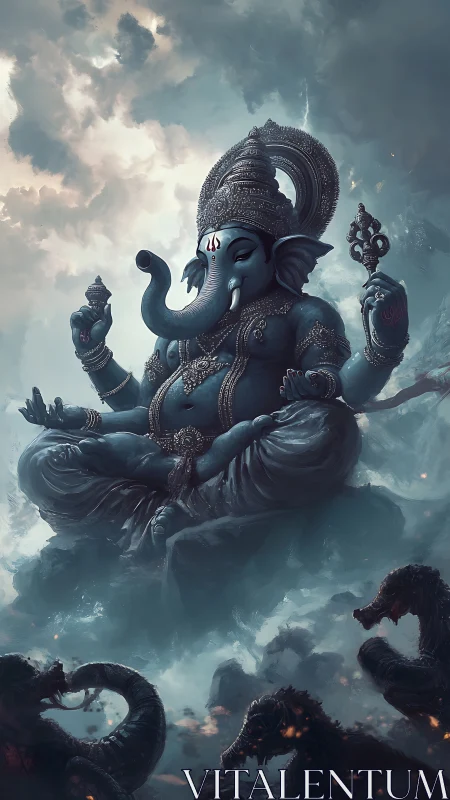 Stormlit elephant deity floats above coiling shadow serpents